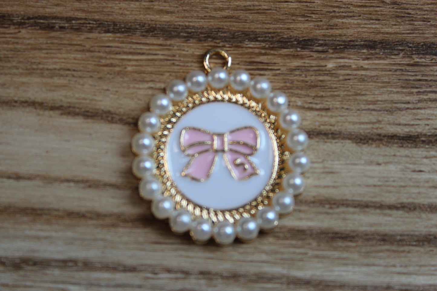 Round Pearl Charm with baby pink bow