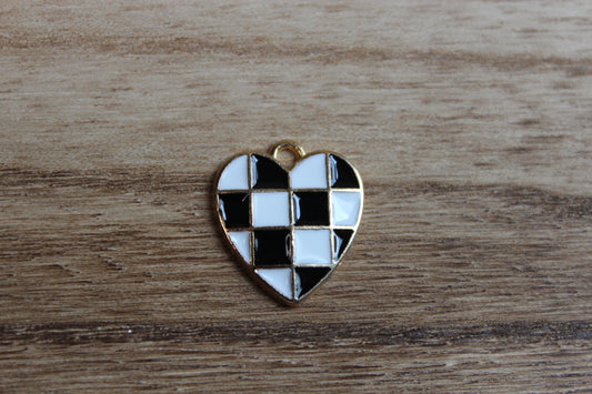 Black and White Checkered Heart Charm